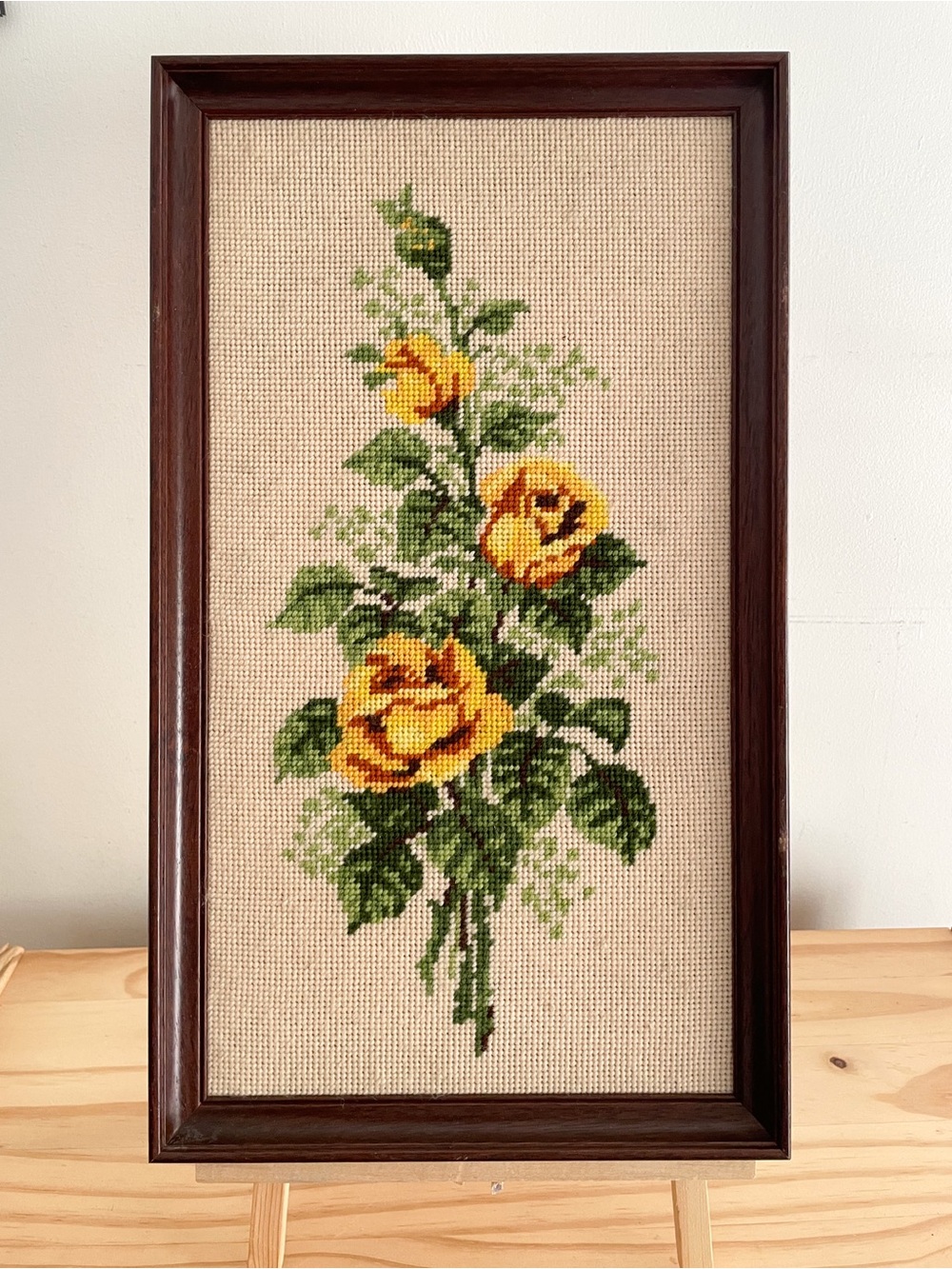 Vintage Framed Yellow Rose Needlepoint Wall Art